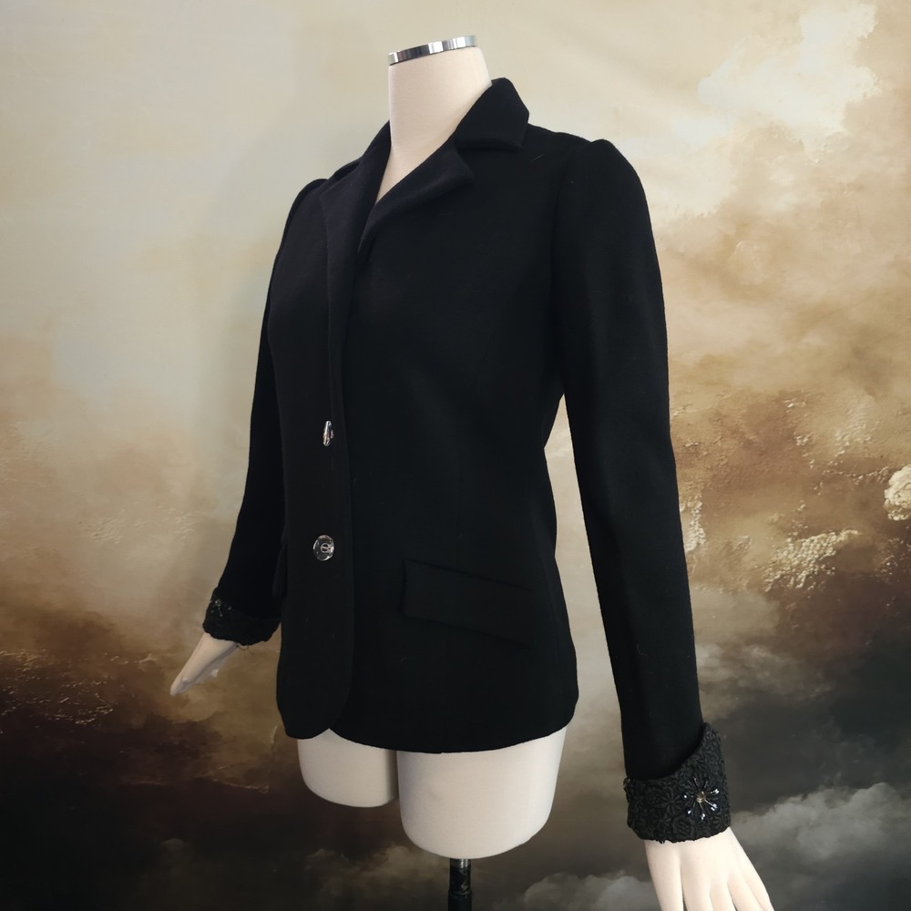 Vintage 1960's Blazer Jacket Black Wool Italian Gino‎ Paoli Beaded Cuffs Collar